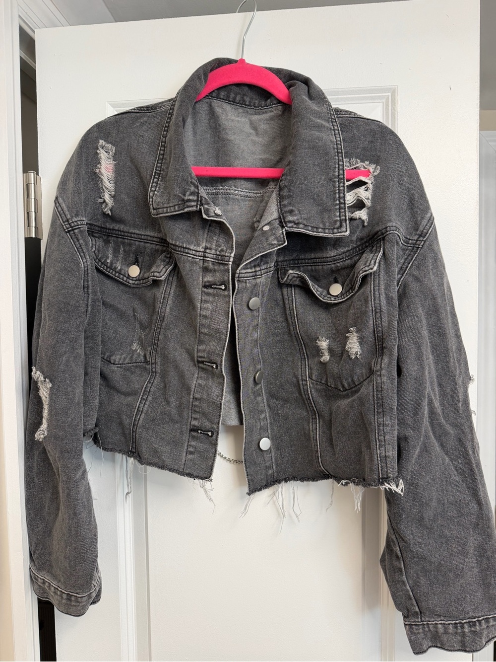 SHEIN Distressed Cropped Gray Denim Jacket